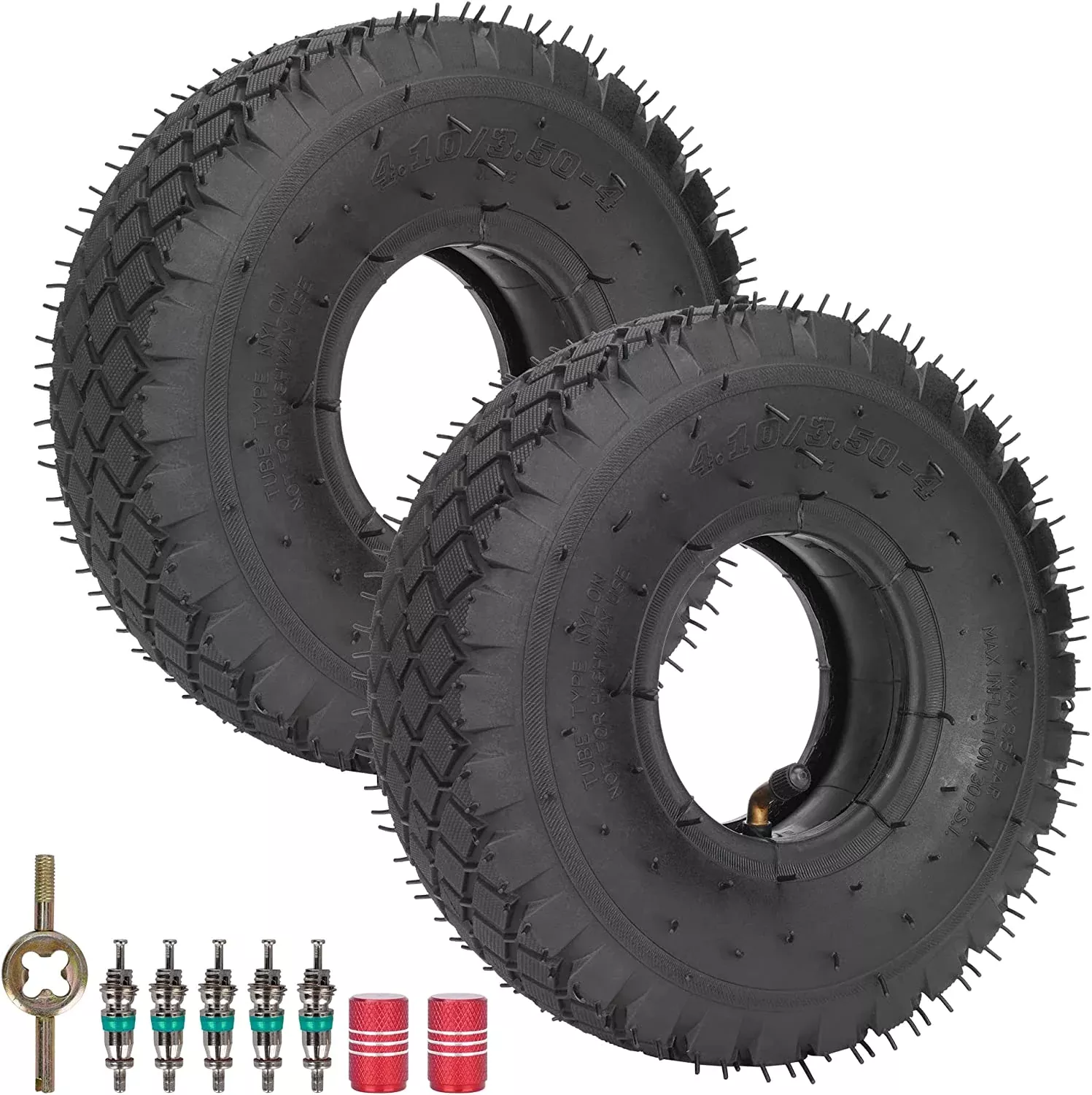 (2-Pack) 4.10/3.50-4 Replacement Tire + Inner Tube with Bent Valve Stem for Lawn Mower Hand Truck Wheelbarrow Trailers Dollies Wagon Snowblower Compressor Generator Go Kart Chipper All Purpose Utility
